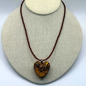 Vtg Signed Hilary London Murano Glass Topaz Heart Pendant and Beaded Necklace